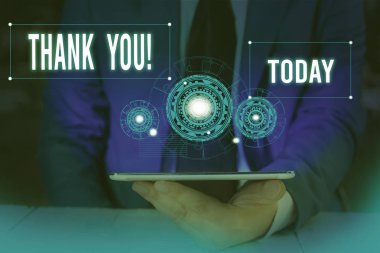 Kelime yazma metni Teşekkür ederim. Akıllı cihaz kullanarak sunum sunan hediye hizmeti iltifat Erkek insan giyim resmi iş elbisesi kabul ederken kullanılan kibar ifade için iş konsepti.