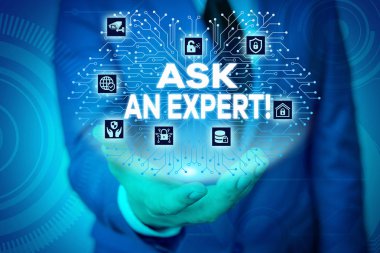 Kelime yazma metni Bir Uzman sor. Akıllı cihaz kullanarak sunum sunan erkek giyim resmi iş elbisesi anlamak ve yönergeleri kabul okudum onay için iş konsepti.