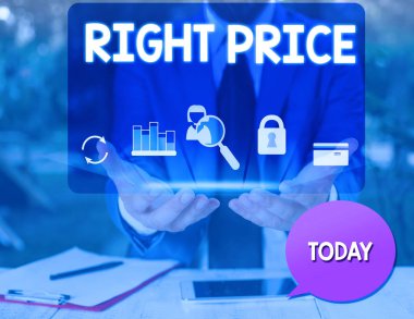 Text sign showing Right Price. Conceptual photo the amount of money that it is reasonable for the product man icons smartphone speech bubble office supplies technological device. clipart