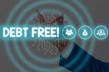 Debt Free'i gösteren bir not yazıyorum. İş fotoğraf vitrin herhangi bir kişi ya da şirketler e herhangi bir para ya da bir şey sahibi değil Erkek sunum akıllı cihaz sunan resmi iş elbisesi giymek.