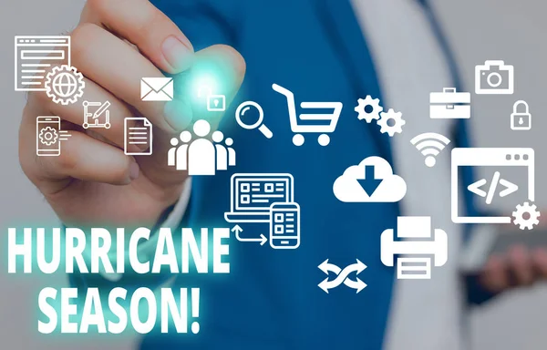 Text sign showing Hurricane Season. Conceptual photo time when most tropical cyclones are expected to develop Male human wear formal work suit presenting presentation using smart device. — Stock Photo, Image