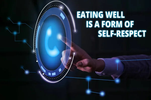 Handwriting text Eating Well Is A Form Of Self Respect. Concept meaning a quote of promoting healthy lifestyle Lady presenting hand blue glow futuristic modern technology tech look contact.