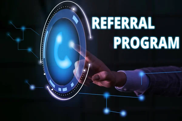 Handwriting text Referral Program. Concept meaning employees are rewarded for introducing suitable recruits Lady presenting hand blue glow futuristic modern technology tech look contact. — Stock Photo, Image