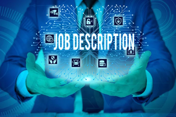 Text sign showing Job Description. Conceptual photo a formal account of an employee s is responsibilities Male human wear formal work suit presenting presentation using smart device. — Stock Photo, Image