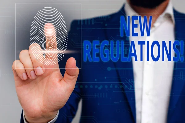 Text sign showing New Regulations. Conceptual photo rules made government order control something done Male human wear formal work suit presenting presentation using smart device. — Stock Photo, Image