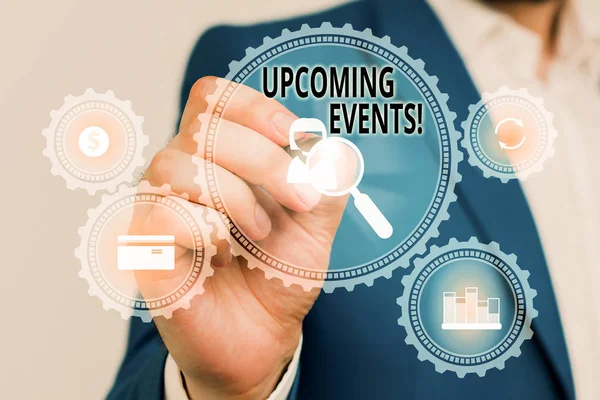 Handwriting text Upcoming Events. Concept meaning thing that will happens or takes place soon planned occasion Male human wear formal work suit presenting presentation using smart device.