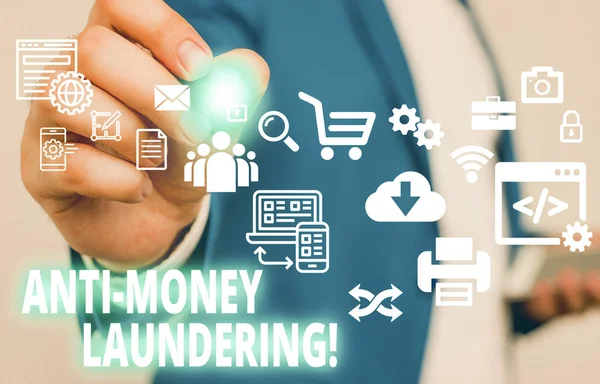 Text sign showing Anti Money Laundering. Conceptual photo regulations stop generating income through illegal actions Male human wear formal work suit presenting presentation using smart device.