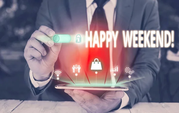 Writing note showing Happy Weekend. Business photo showcasing something nice has happened or they feel satisfied with life Male wear formal suit presenting presentation smart device.