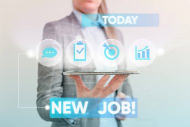 Writing note showing New Job. Business photo showcasing recently having paid position of regular employment Female human wear formal work suit presenting smart device. clipart