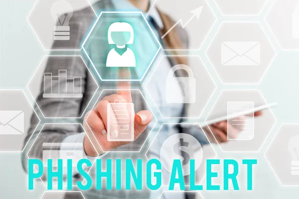 Schreiben Notiz zeigt Phishing-Alarm. Business-Foto präsentiert bewusst zu betrügerischen Versuch, sensible Informationen zu erhalten Dame vor präsentiert Hand blau glühen futuristische moderne Technologie. — Stockfoto