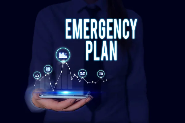 Text sign showing Emergency Plan. Conceptual photo procedures for handling sudden or unexpected situations Woman wear formal work suit presenting presentation using smart device. — Stock Photo, Image