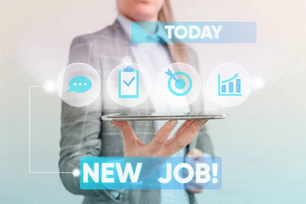 stock image Writing note showing New Job. Business photo showcasing recently having paid position of regular employment Female human wear formal work suit presenting smart device.