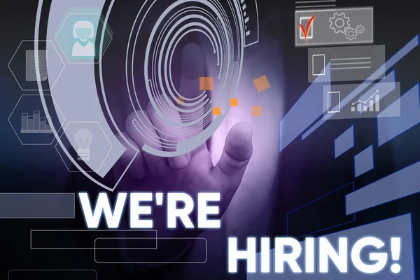 Kavramsal el yazısı Biz İşe gösteren. İş fotoğraf metin son zamanlarda birini istihdam veya belirli bir iş yapmak için birisi ödeme Erkek sunum akıllı cihaz sunan resmi takım elbise giymek.