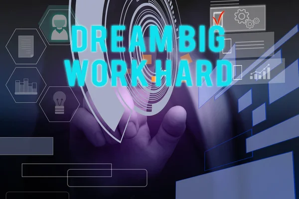 Text sign showing Dream Big Work Hard. Conceptual photo Believe in yourself and follow the dreams and goals Male human wear formal work suit presenting presentation using smart device.