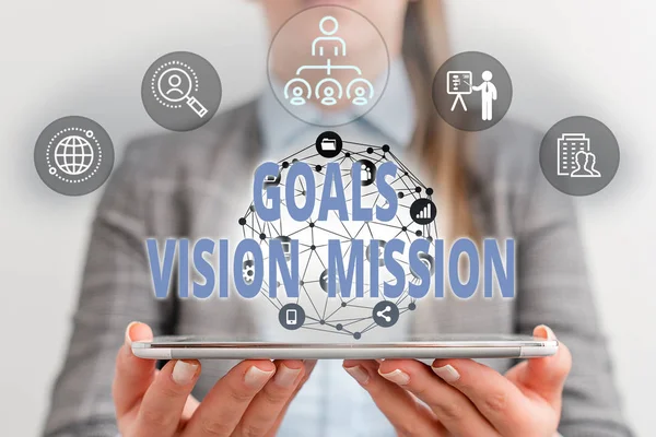 Writing note showing Goals Vision Mission. Business photo showcasing practical planning process used to help community group Female human wear formal work suit presenting smart device.