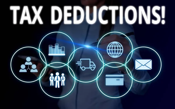 Conceptual hand writing showing Tax Deductions. Business photo text reduction income that is able to be taxed of expenses Woman wear work suit presenting presentation smart device. — Stock Photo, Image