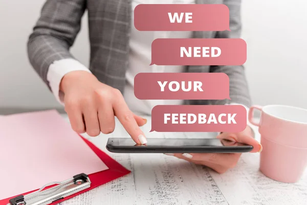 Text sign showing We Need Your Feedback. Conceptual photo criticism given to say can be done improvement Business concept with mobile phone in the hand. — Stock Photo, Image