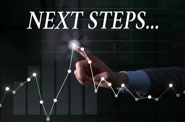 Text sign showing Next Steps. Conceptual photo something you do after you have finished doing first one Lady presenting hand blue glow futuristic modern technology tech graph economy look. — Stock Photo, Image