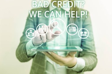 Kötü Kredisoru Gösteren Kavramsal el yazısı Biz Yardımcı Olabiliriz. Pozitif ödeme geçmişi lady ön el mavi kızdırma fütüristik modern teknoloji sunan kazanmak için yardım İş fotoğraf metin.