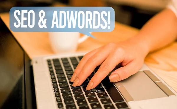 Word szöveget írni SEO és az AdWords. Üzleti koncepció ezek fő eszköze összetevői Search Engine Marketing nő laptop számítógép okostelefon bögre irodai kellékek technológiai eszközök. — Stock Fotó