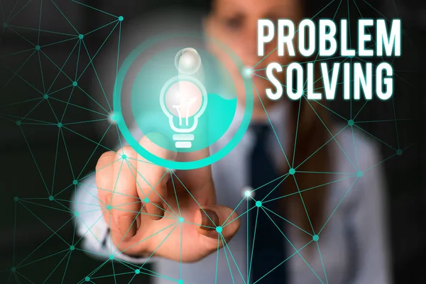 Word writing text Problem Solving. Business concept for process of finding solutions to difficult or complex issues Female human wear formal work suit presenting presentation use smart device. — Stock Photo, Image