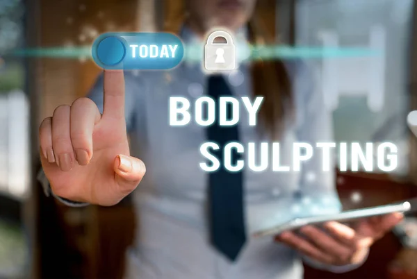 Writing note showing Body Sculpting. Business photo showcasing activity of increasing the body s is visible muscle tone Modern technology Lady front presenting hands blue glow copy space.