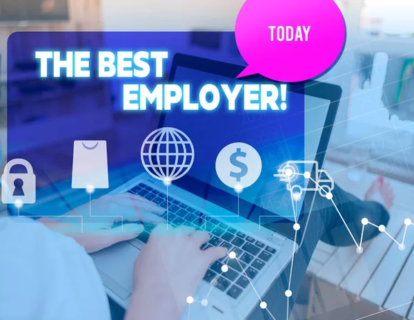 Handwriting text The Best Employer. Concept meaning created workplace showing feel heard and empowered woman icons computer speech bubble office supplies technological device. — Stock Photo, Image