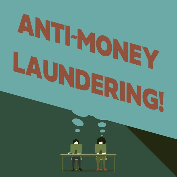 Word writing text Anti Money Laundering. Business concept for regulations stop generating income through illegal actions Two men sitting behind desk each one laptop sharing blank thought bubble.