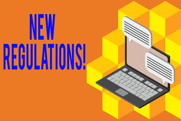 Handwriting text New Regulations. Concept meaning rules made government order control something done Laptop receiving sending information conversation texting internet wireless.
