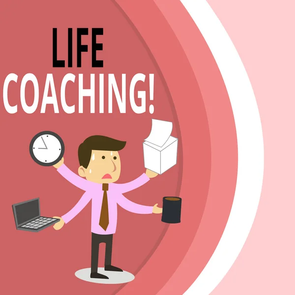 Note d'écriture montrant Life Coaching. Photo d'affaires montrant la démonstration employée pour aider à montrer atteindre leurs objectifs dans la carrière Homme stressé Gestionnaire d'employés Multitâches Respecter la date limite . — Photo