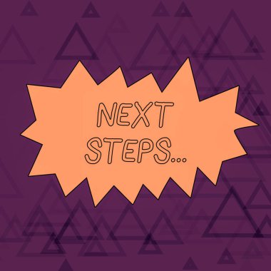 Kelime yazma metni Sonraki Adımlar. Modern Tasarım için İki Ton Violet üçgen örgü desen ilk bir Anahat Rakam yaptıktan sonra yaptığınız bir şey için iş konsepti.