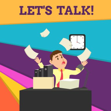 El yazısı metin Let S Talk. Konu yla ilgili bir konuşmanın başında düşündüren kavram anlamı Confused Erkek Çalışan Yöneticisi Karmaşık Çalışma Alanı Taşması Zaman Sıkıntısı.