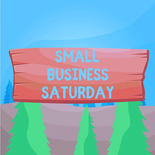 Word writing text Small Business Saturday. Business concept for American shopping holiday held during the Saturday Plank wooden board blank rectangle shaped wood attached color background.