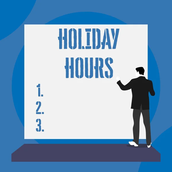 Text sign showing Holiday Hours. Conceptual photo employee receives twice their normal pay for all hours Back view young man dressed suit standing platform facing blank rectangle. — Stock Photo, Image