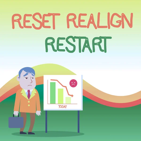 Signo de texto que muestra Reset Realign Restart. Foto conceptual Auditoría de la vida le ayudará a poner las cosas en perspectivas Empresario Empresario con el breve caso de pie pizarra en declive Gráfico de barras . — Foto de Stock