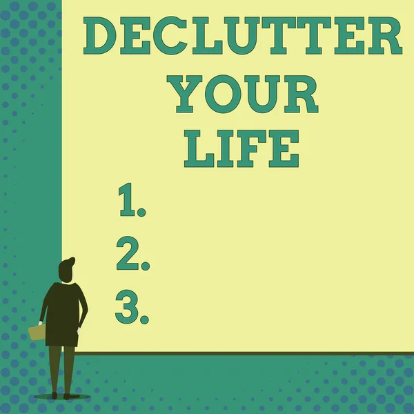 Концептуальный почерк, показывающий De Clutter Your Life. Деловая фотовыставка удаляет ненужные предметы из неопрятных или переполненных мест Женщина смотрит пустой большой прямоугольник. Геометрический фон . — стоковое фото