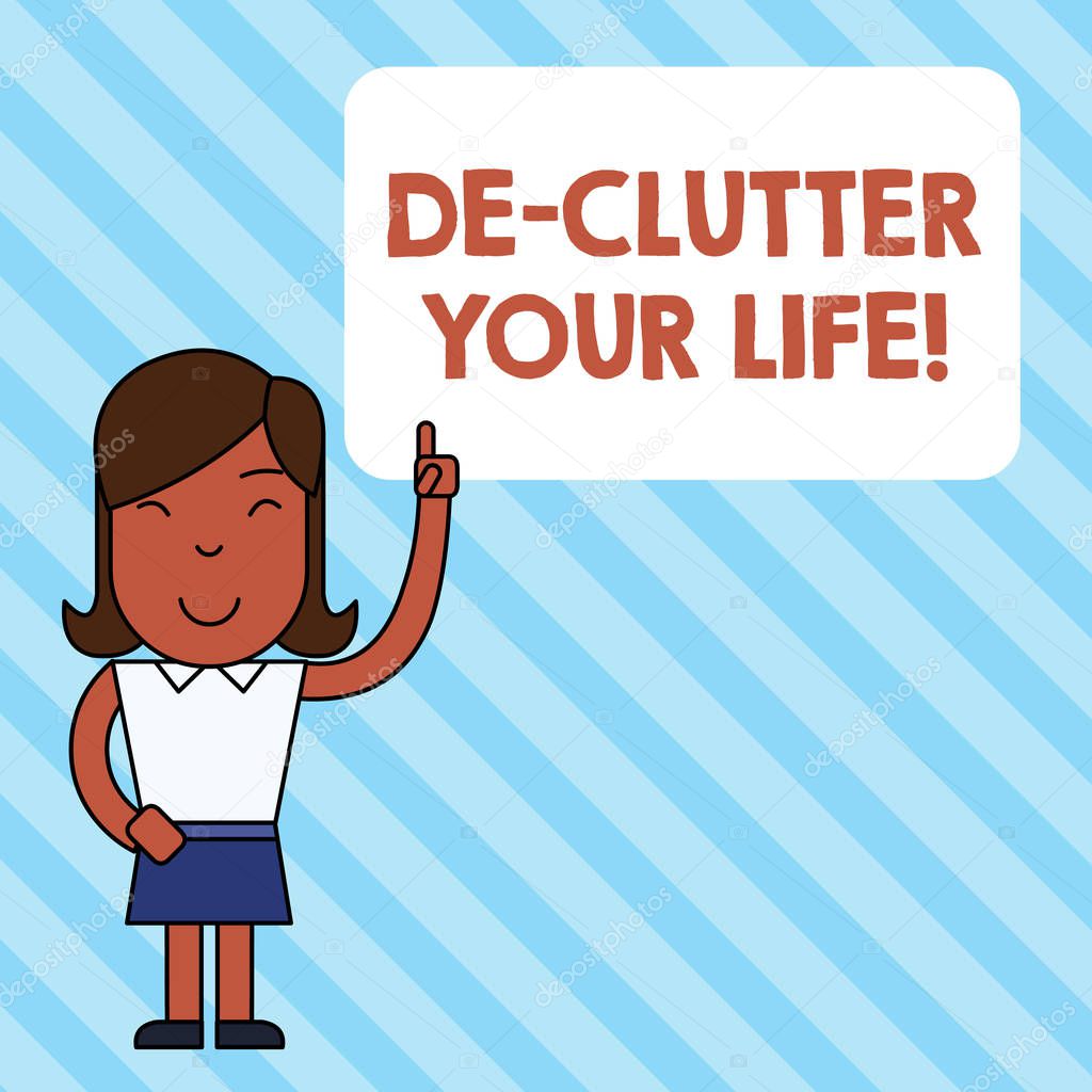 Handwriting text De Clutter Your Life. Concept meaning remove unnecessary items from untidy or overcrowded places Woman Standing with Raised Left Index Finger Pointing at Blank Text Box.