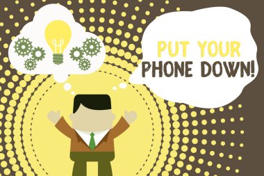 Telefonunuzu Aşağı Yatır'ı gösteren kavramsal el yazısı. İş fotoğraf metin sonu telefon bağlantısı veda arayan Adam birlikte çalışan hayali kabarcık ampul kadar eller söyleyerek.