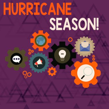 Kasırga Mevsimi'ni gösteren kavramsal el yazısı. En tropikal siklonlar Küresel Online Sosyal Ağ Simgeleri Cog Wheel Gear Seti geliştirmek için beklenen iş fotoğraf metin süresi.