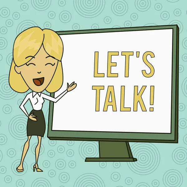 Texto de escritura de palabras Let S Is Talk. Concepto de negocio para sugerir al comienzo de una conversación sobre el tema White Female in Standing Pointing Blank Screen Whiteboard Presentation . — Foto de Stock