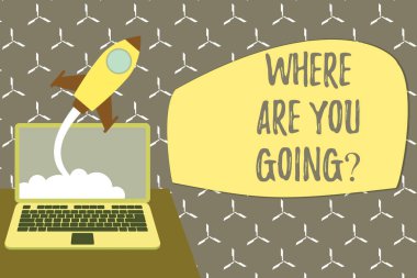 Kavramsal el yazısı nereye gidiyorsun sorusunu gösteriyor. İş fotoğraf vitrin birisi sormak için kullanılan hedef Başarılı roket başlatma dizüstü bilgisayar arka plan Başlangıç için başlı büyümek.