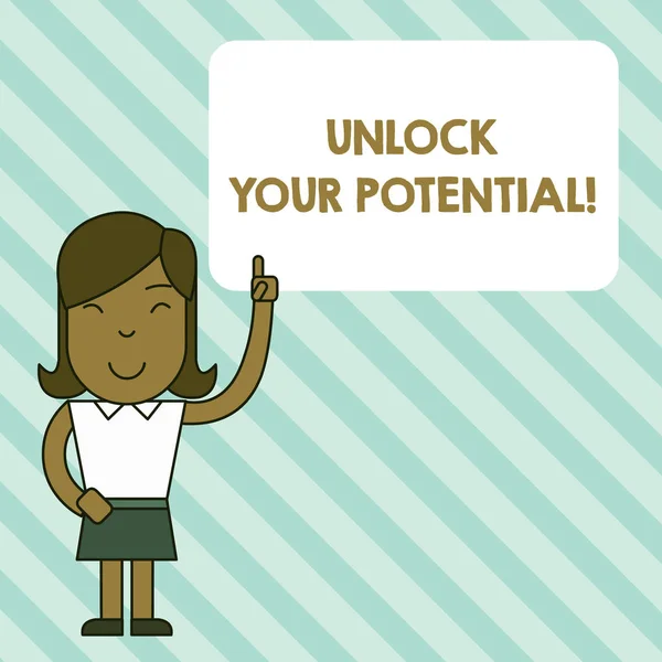 Handwriting text Unlock Your Potential. Concept meaning release possibilities Education and good training is key Woman Standing with Raised Left Index Finger Pointing at Blank Text Box.