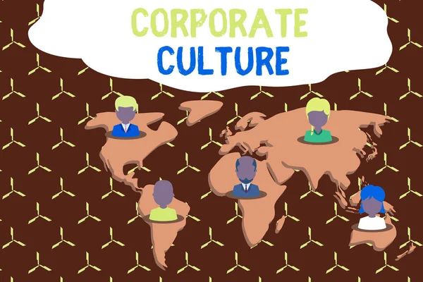 Writing note showing Corporate Culture. Business photo showcasing pervasive values and attitudes that characterize a company Connection multiethnic persons all Global business earth map.