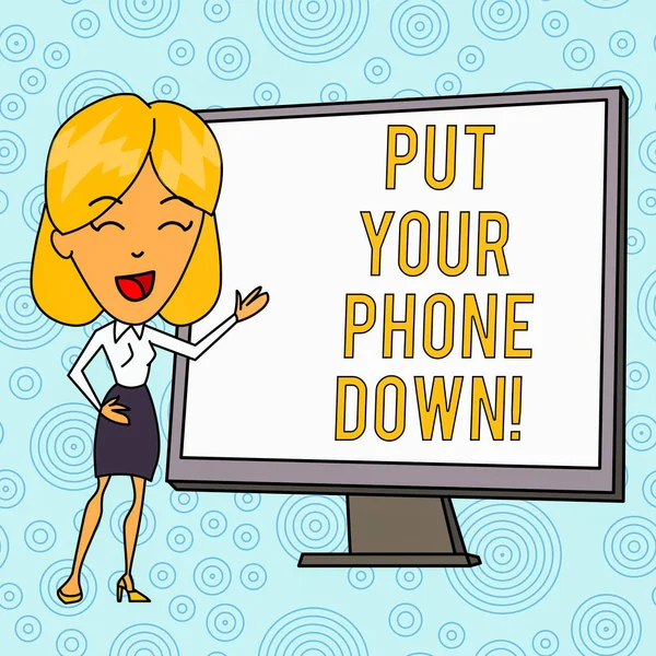 Word writing text Put Your Phone Down. Business concept for end telephone connection saying goodbye caller White Female in Standing Pointing Blank Screen Whiteboard Presentation. — Stock Photo, Image