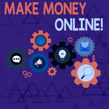 Make Money Online'ı gösteren kavramsal el yazısı. İş fotoğraf metin küresel Online Sosyal Ağ Simgeleri Cog Wheel Gear internet freelancing veya pazarlama Seti kullanarak kar yapma.