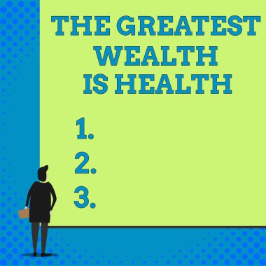 En Büyük Zenginlik Gösteren Kavramsal el yazma Sağlık mı. İş fotoğraf vitrin birçok sadece sağlıklı olmak için paralarını feda Kadın boş büyük dikdörtgen izliyor. Geometrik arka plan.