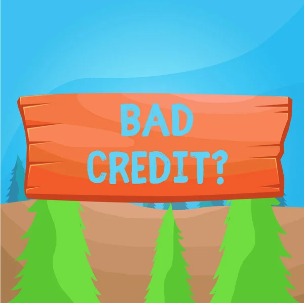 Word writing text Bad Creditquestion. Business concept for inabilityof a demonstrating to repay a debt on time and in full Plank wooden board blank rectangle shaped wood attached color background. — Stock Photo, Image
