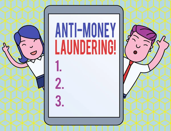 Text sign showing Anti Money Laundering. Conceptual photo regulations stop generating income through illegal actions Male and Female Index Fingers Up Touch Screen Tablet Smartphone Device.