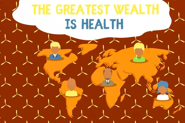 最大の富を示すメモを書くことは健康です。ビジネス写真を紹介 多くの人が健康になるためにお金を犠牲にする 多民族人全グローバルビジネス地球地図. — ストック写真