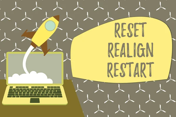 Conceptual hand writing showing Reset Realign Restart. Business photo showcasing Life audit will help you put things in perspectives Successful rocket launching laptop background Startup grow. — Stock Photo, Image